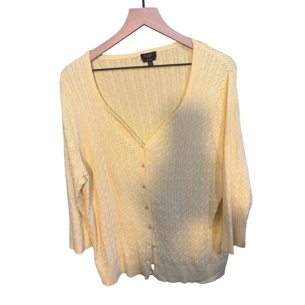 Talbots Woman Yellow Pima Cotton Cable Knit V-Neck Cardigan Sweater Plus Size 2X